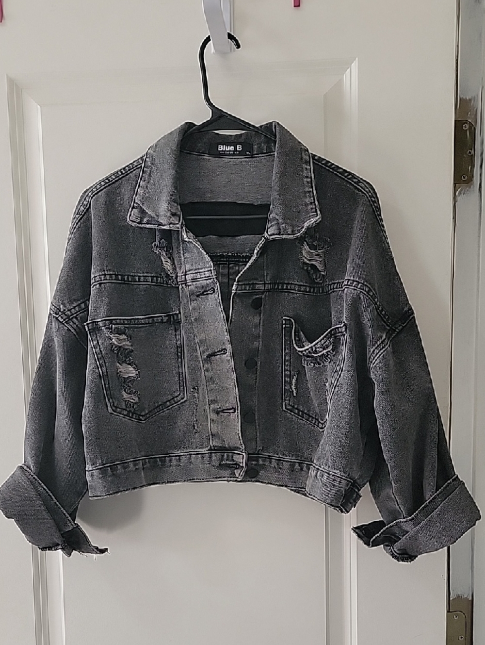 Blue B Women's Charcoal Gray Cropped Distressed Denim Jacket